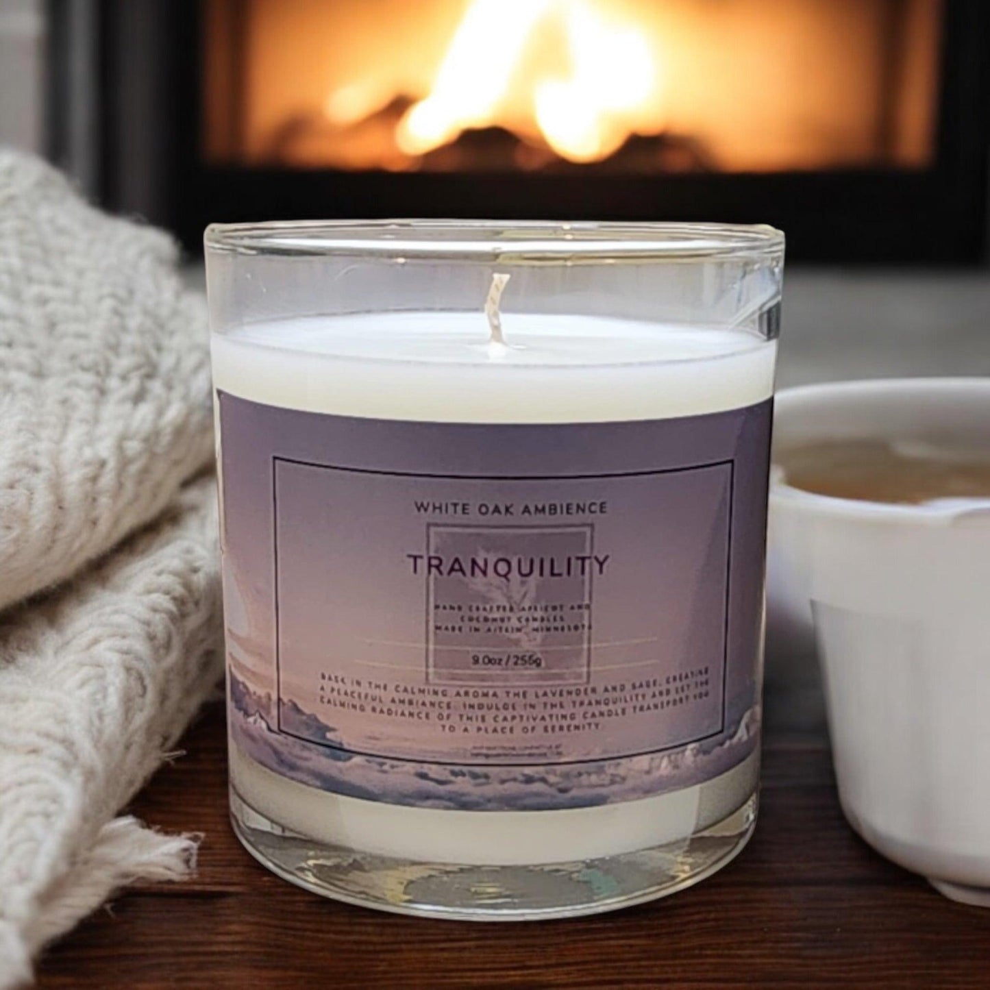 White Oak Ambience Tranquility soy candle displayed on a neutral background with a calm, soothing aesthetic.
