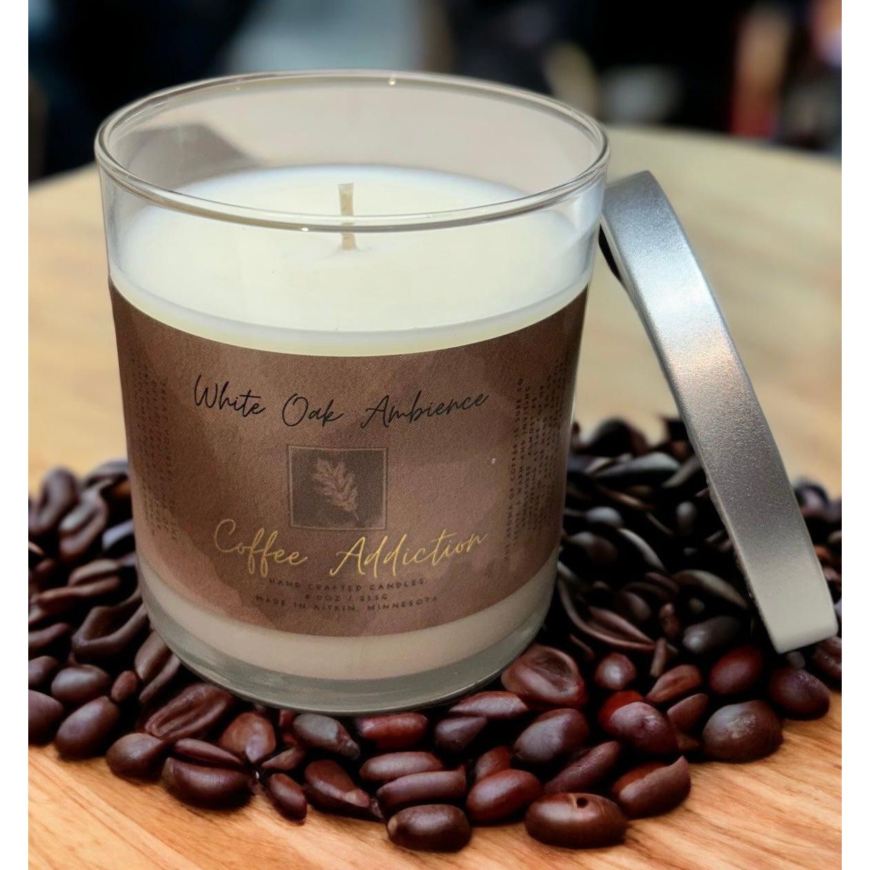 Coffee Addiction soy candle with rich roasted coffee aroma, eco-friendly and long-lasting home fragrance.