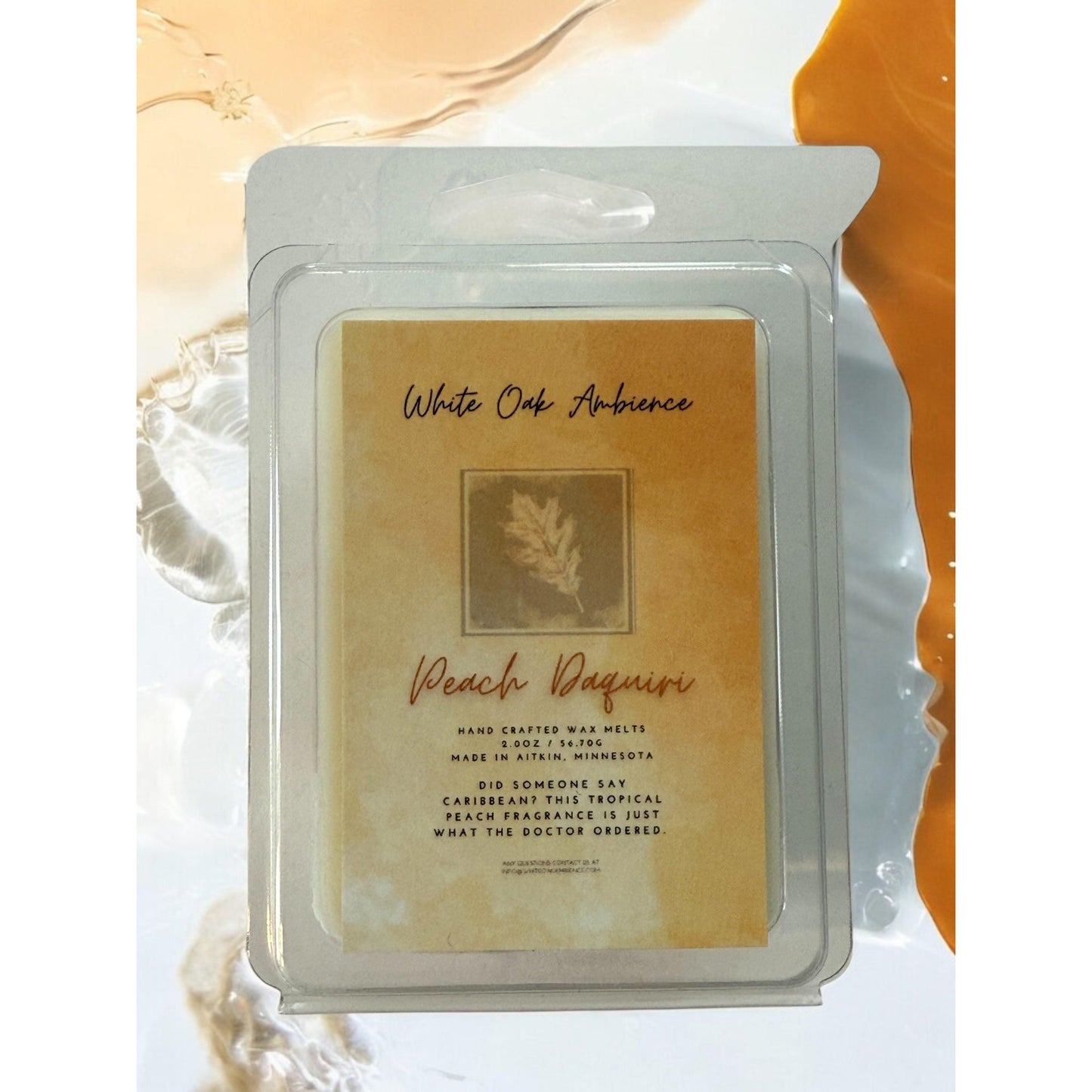 White Oak Ambience Peach Daquiri scented wax melt in clear packaging on a white background – artisan coy candle alternative with fruity fragrance and long-lasting scent.