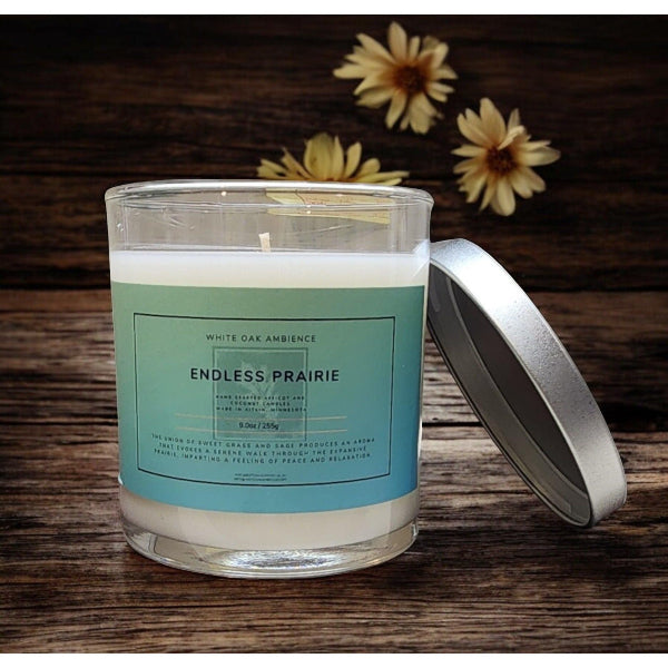 Endless Prairie scented candle with fresh earthy fragrance, hand-poured for a calming home atmosphere