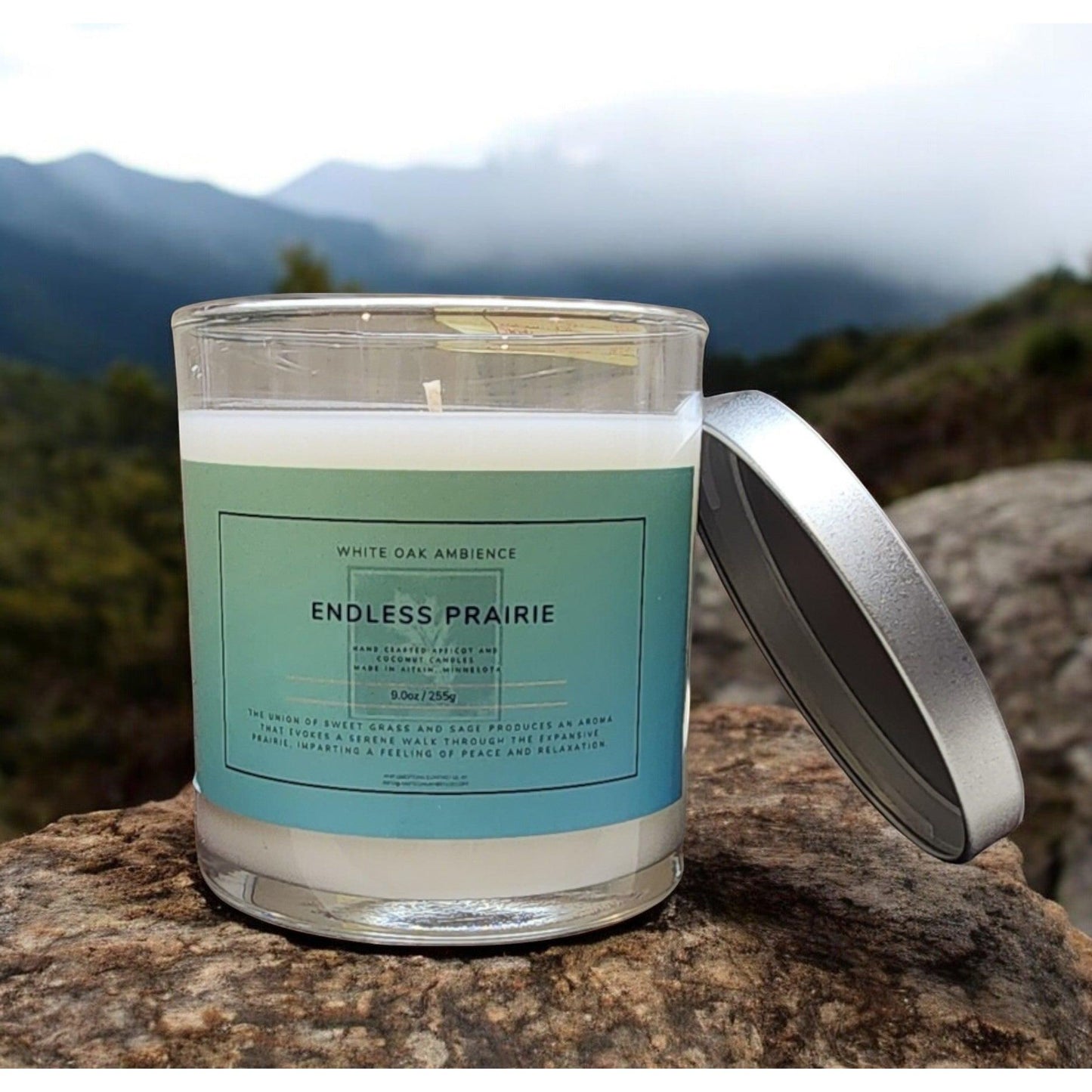 Candle labeled 'Endless Prairie' on a rock with a mountainous background