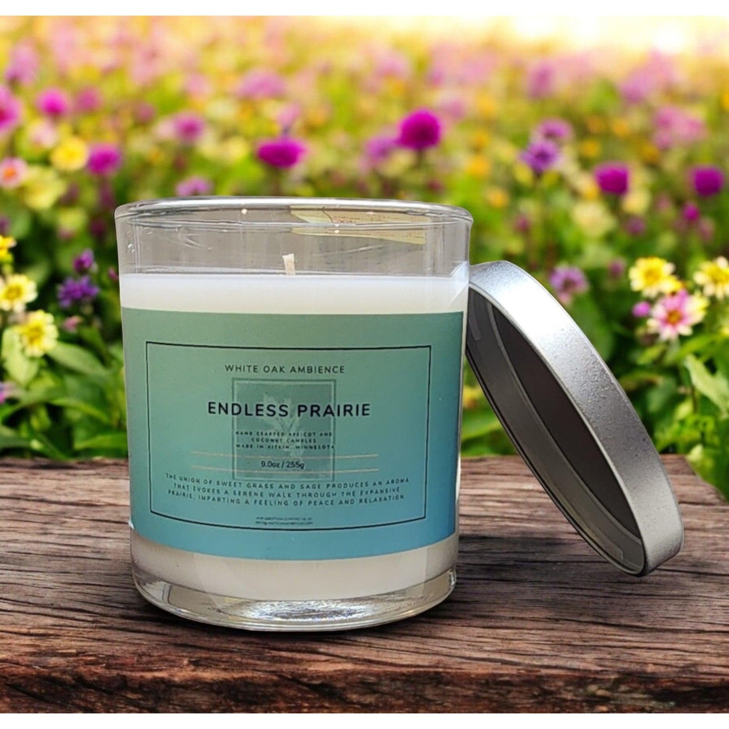 Endless Prairie scented candle with fresh earthy fragrance, hand-poured for a calming home atmosphere