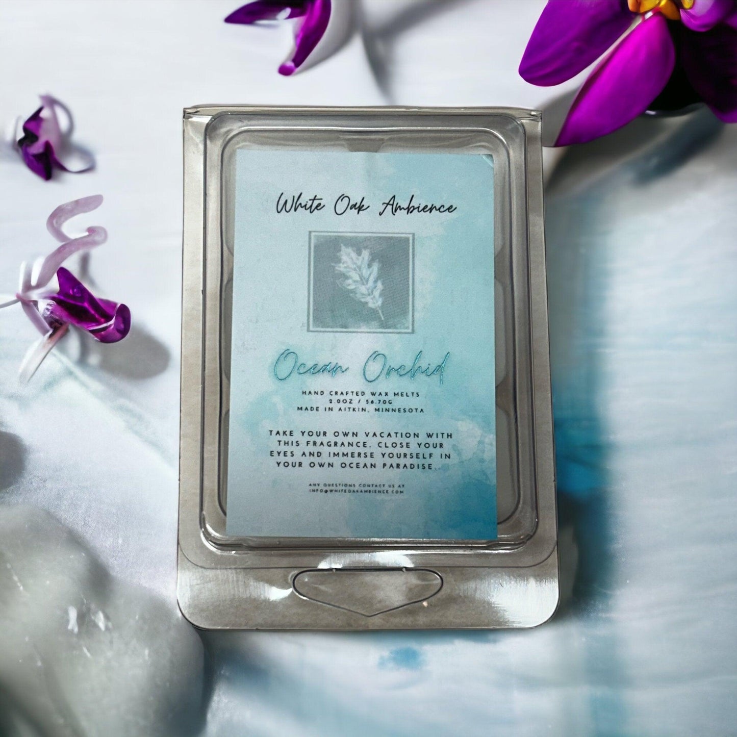 White Oak Ambience Ocean Orchid wax melt packaging on a white background – luxury scented wax and coy candle alternative with fresh fragrance.