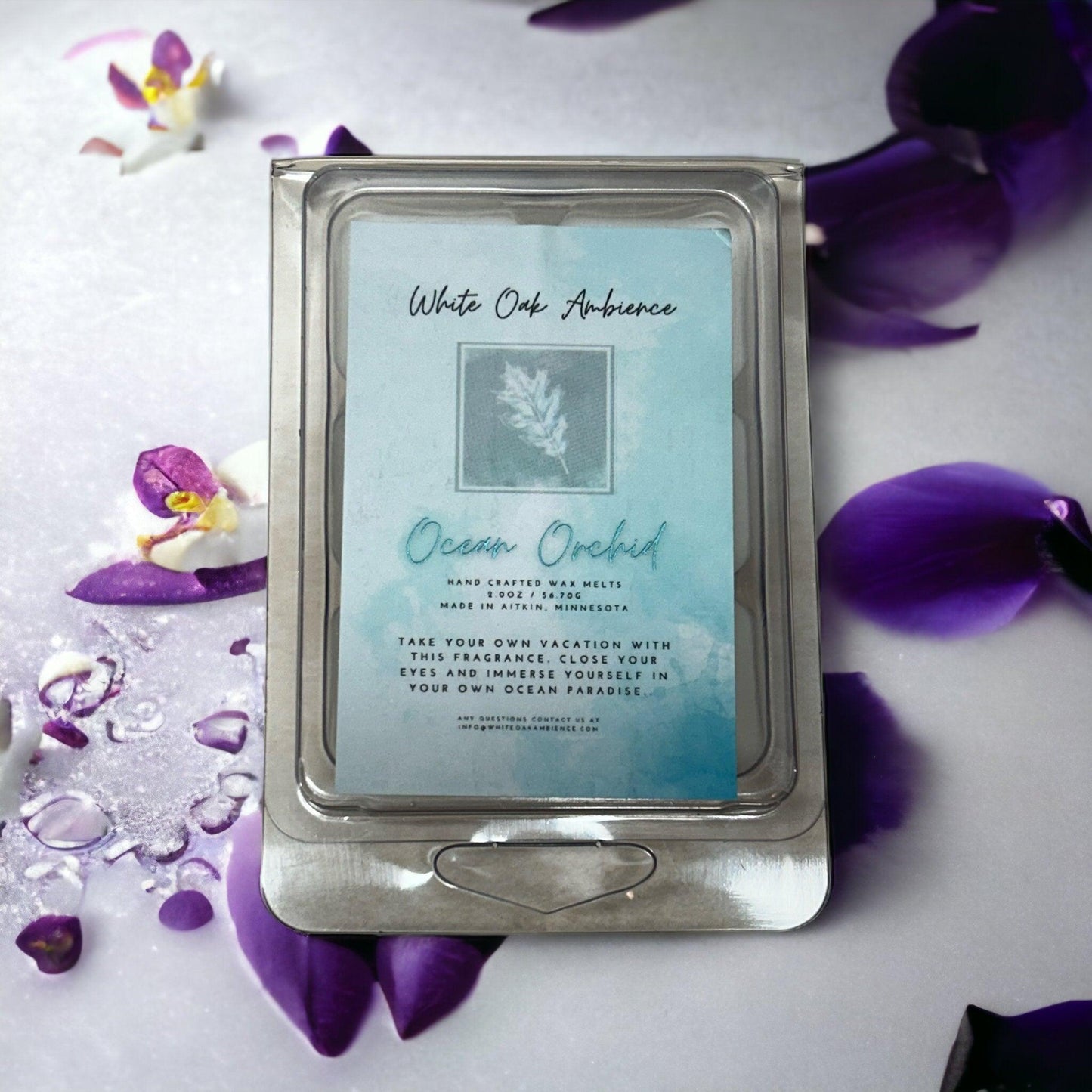 White Oak Ambience Ocean Orchid wax melt packaging on a white background – luxury scented wax and coy candle alternative with fresh fragrance.