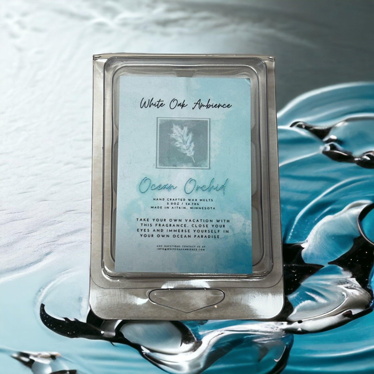 White Oak Ambience Ocean Orchid wax melt packaging on a white background – luxury scented wax and coy candle alternative with fresh fragrance.