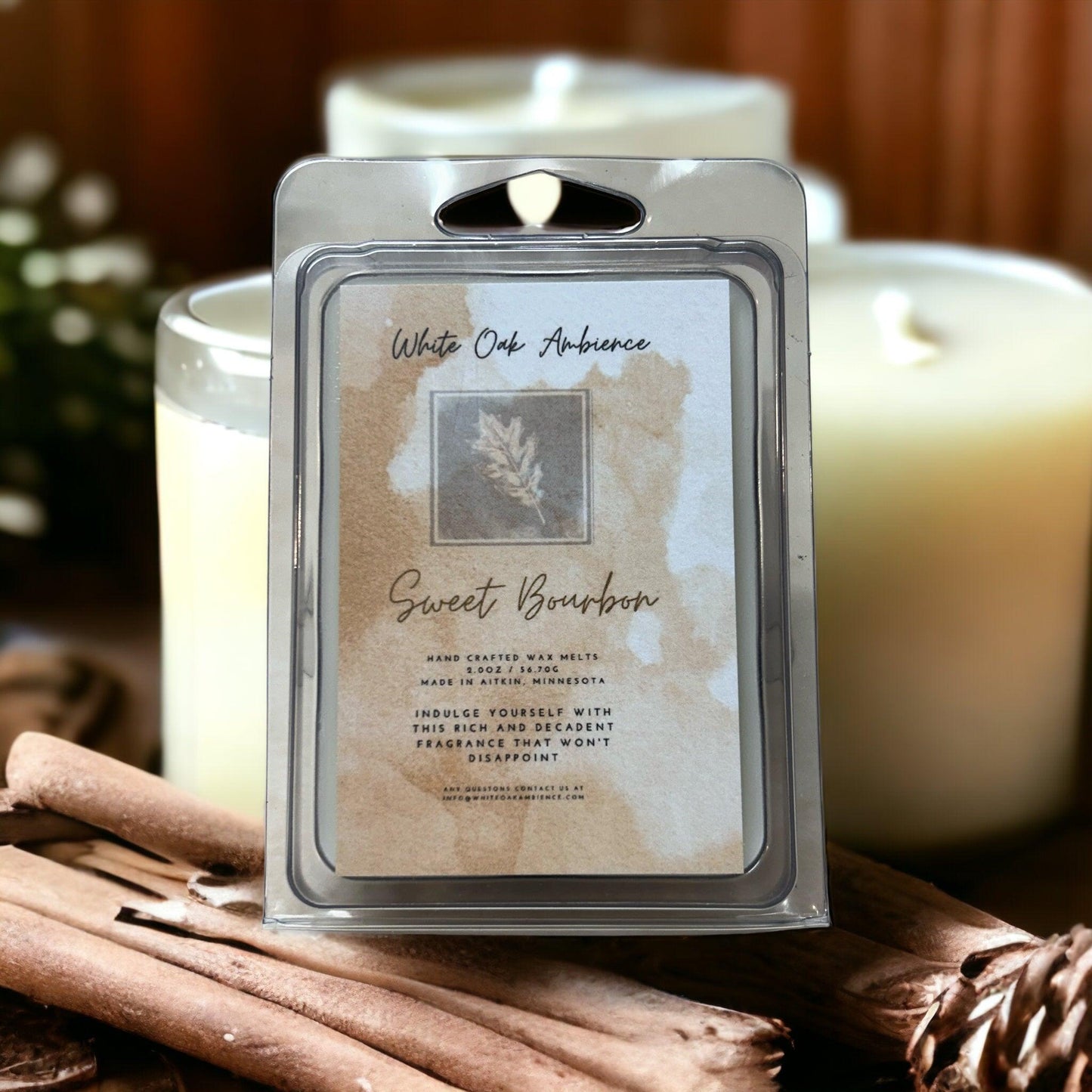 White Oak Ambience Sweet Oak Bourbon wax melt displayed on a neutral background.