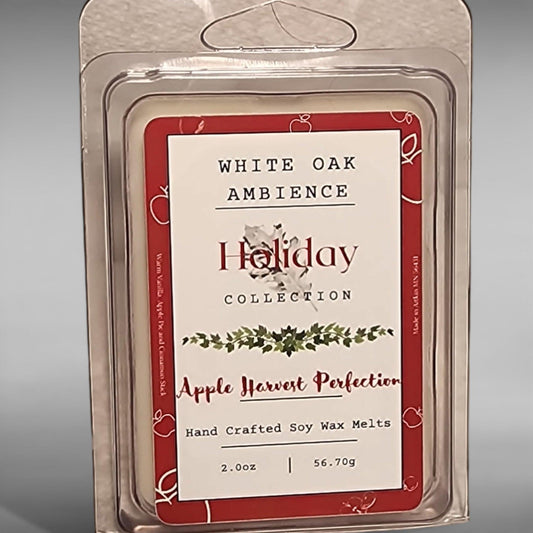White Oak Ambience Holiday Collection Apple Harvest Perfection wax melt packaging on a gray background