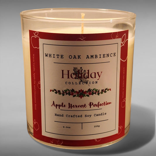 A clear glass jar soy candle with a red and white label reading 'Holiday Collection Apple Harvest Perfection Hand Crafted Soy Candle'. It features a single lit wick in the center.