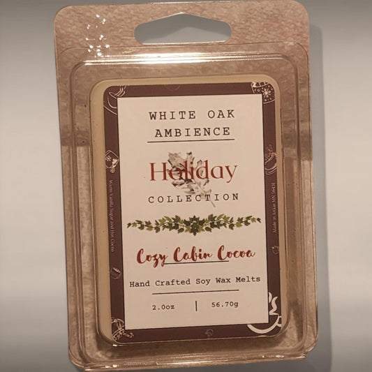 Packaged Cozy Cabin Cocoa scented soy wax melts with branding and product information visible.