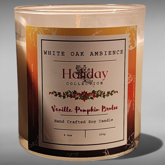 A Vanilla Pumpkin Brulee scented, hand crafted soy candle from White Oak Ambience, part of the Holiday Collection.