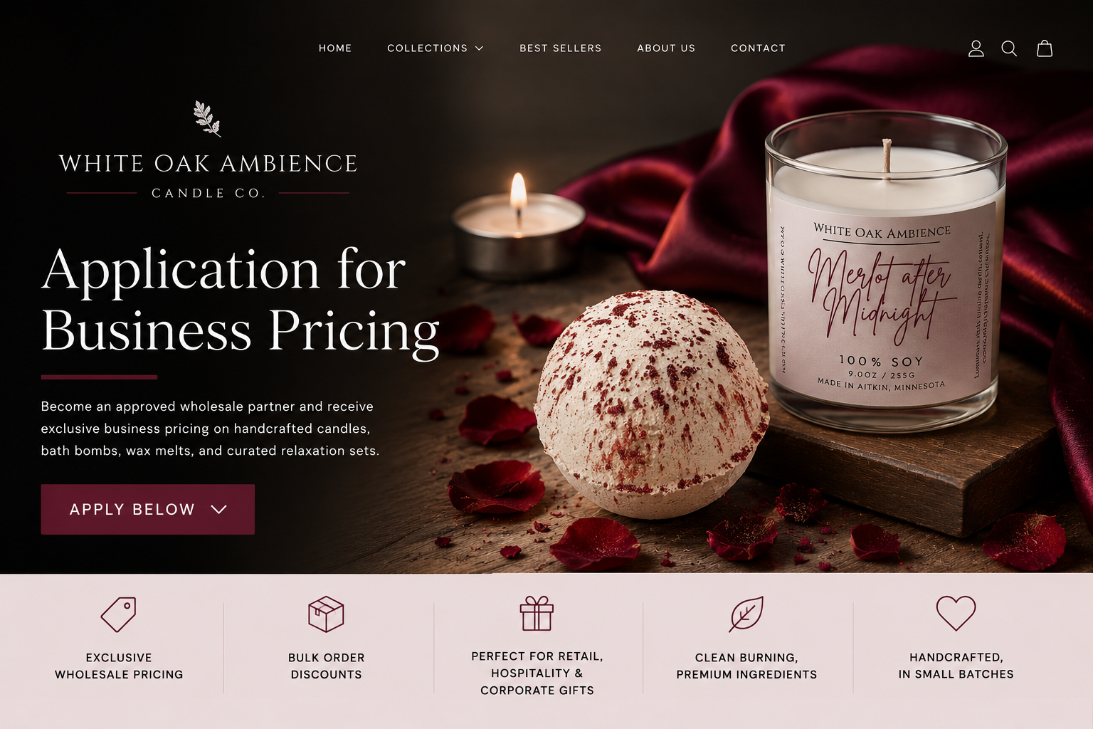 White Oak Ambience application for business pricing featuring Merlot After Midnight candle, bath bomb, rose petals and wholesale benefits